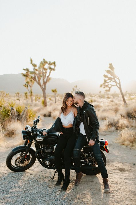 Motorcycle Couple Photography, Motorcycle Engagement Photos, Bonneville Motorcycle, Motorcycle Couple Pictures, Motorcycle Photo Shoot, Prenup Photos Ideas, Motorcycle Wedding, Biker Wedding, Biker Couple