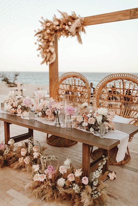 Wedding Bridal Table, Elegant Beach Wedding, Beach Wedding Ceremony, Beach Wedding Reception, Mexico Destination Wedding, Sweetheart Table Wedding, Cabo Wedding, Bright Boho, Destination Wedding Mexico