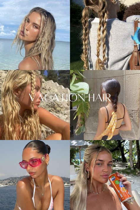 Few hairstyles for you to try at your next vacation.  Pool hairstyles, summer hairstyles, blondes, brunettes, wavy hair, long hair, vacation, traveling Hair Styles Europe, Wedding Guest Beach Hairstyles, Hair Styles Vacation, Love Island Hairstyles, Beach Hairstyles Straight Hair, Hairstyles For Greece, Hairstyles For Europe, Mexico Vacation Hairstyles, Island Looks Outfit