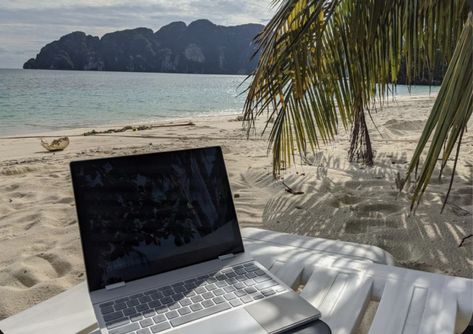 Working On The Beach Laptop, Working From Beach, Remote Work Aesthetic Travel, Digital Nomad Aesthetic, Thailand Lifestyle, Koh Phi Phi Thailand, Phi Phi Thailand, Best Airplane, Koh Phi Phi