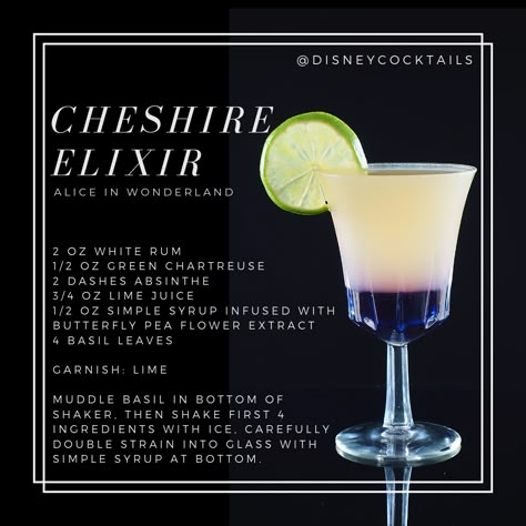 Cheshire Elixir, Disney Cocktails, Alice in Wonderland, cocktail recipes, green chartreuse, butterfly pea flower Alice In Wonderland Cocktails Recipes, Alice In Wonderland Themed Drinks, Alice In Wonderland Cocktails, Alice In Wonderland Recipes, Alice In Wonderland Drinks, Disney Alcoholic Drinks, Disney Inspired Cocktails, Disney Cocktails, Disney Drinks