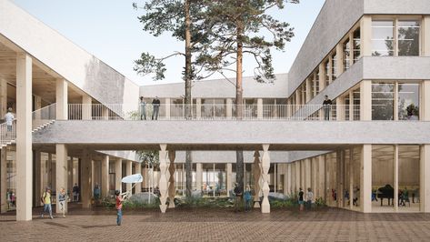 Lamminrahka School - AOR Architects Elementary School Architecture, Collective Housing, Timber Architecture, Layout Architecture, Architecture Design Concept, Social Housing, Architecture Rendering, Pine Forest, Architecture Presentation