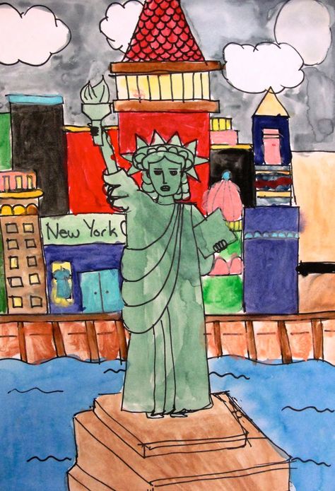 Social Studies. Statue of Liberty Art Lesson. Could adapt for other famous statues, monuments, or buildings. American History Art Projects, History Art Projects, American History Art, Statue Of Liberty Art, Watercolor Collage, Deep Space Sparkle, 2nd Grade Art, Liberty Art, Patriotic Art