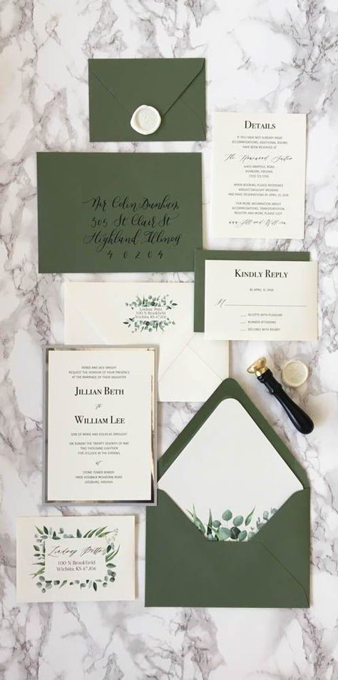 Green And Silver Wedding, Wedding Invitations Elegant Simple, Floral Envelope Liner, Green Invitations, Silver Wedding Invitations, Glitter Invitations, Trendy Wedding Invitations, Wedding Color Inspiration, Green And Silver