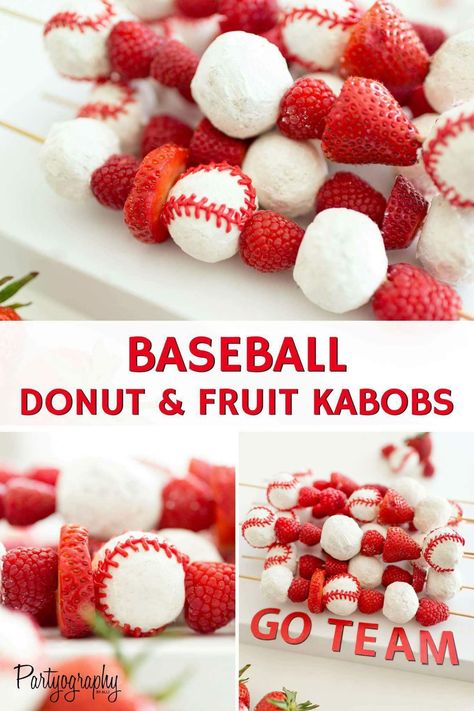 Team Snack Ideas, Baseball Food Party, Baseball Birthday Party Ideas, Fruit Kabobs Kids, Baseball Food, Baseball Treats, Baseball Snacks, Kids Sports Party, Sports Snacks