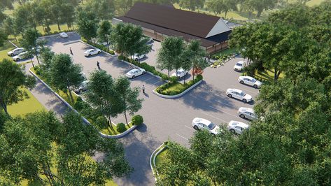 CHURCH DESIGN WITH LANDSCAPE+PARKING on Behance Church Landscaping Ideas, Municipal Hall, Church Design Architecture, St Bernadette, Function Hall, Driveway Design, Modern Church, Modern House Facades, Landscape Design Plans