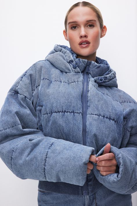 A closet staple reimagined. Meet the Denim Puffer Jacket, crafted from premium denim in a cropped fit that exudes unapologetic confidence. Cropped fit Cinc Hoodie Zip, Closet Staples, Denim Patchwork, Denim Jean Jacket, Good American, Denim Outfit, Premium Denim, Cinched Waist, Outerwear Women