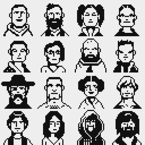 1 Bit Pixel Art Character, 8 Bit Character Design, 16bit Pixel Art, Pixel Art Character Design, 1 Bit Pixel Art, Paul Robertson, Pixel Portrait, Pixel Game Art, Brother Knitting Machine