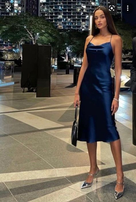 Navy Blue Silk Dress Prom, Semi Formal Dresses Dark Blue, Navy Blue Satin Dress Short, Long Grade 8 Grad Dresses, Deep Blue Silk Dress, Satin Navy Dress, Navy Blue Slip Dress Outfit, Dark Blue Fashion Aesthetic, Blue Silk Dress Outfit