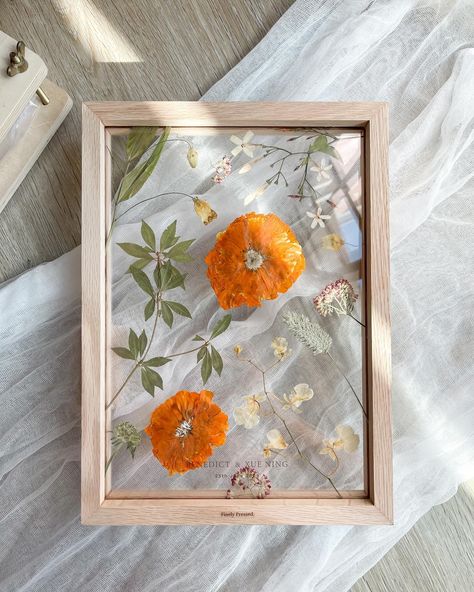 Marigold flowers • Pairing these bright, bold hues within a simple, minimalist design that will gracefully age over time. #marigold #flowerpreservation #pressedflowerart #sgweddingdecor #finelypressedbridal Drying Marigold Flowers, Wedding Flowers Pressed Frame, Pressed Marigold Flower, Framed Pressed Flowers Wedding Bouquets, Flower Pressed Picture Frame, Drying Roses, Dried Flowers Wedding, Floral Preservation, Marigold Flower