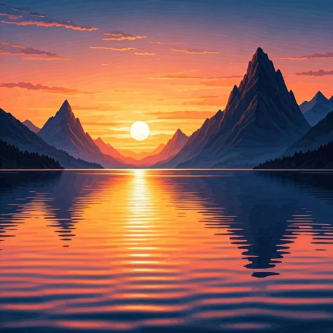 Sunset Landscape Painting - Creativity Without Borders Sun And Mountain Painting, Sunset Over Mountains, Sunset Landscape Painting, Landscape Painting Watercolor, Beautiful Gradient, Lake Painting, Sun Setting, Without Borders, Watercolor Images