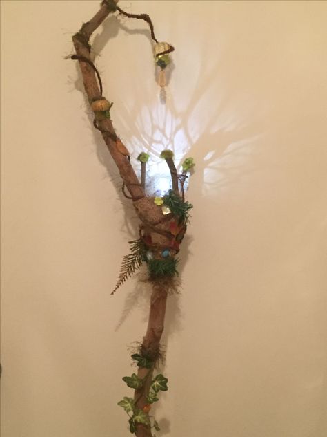 My handmade festival walking sticks Witchy Walking Staff, Fairy Walking Stick, Fairy Staff Diy, Walking Sticks Diy, Fantasy Walking Stick, Mushroom Staff, Fairy Staff, Druid Staff, Satyr Costume