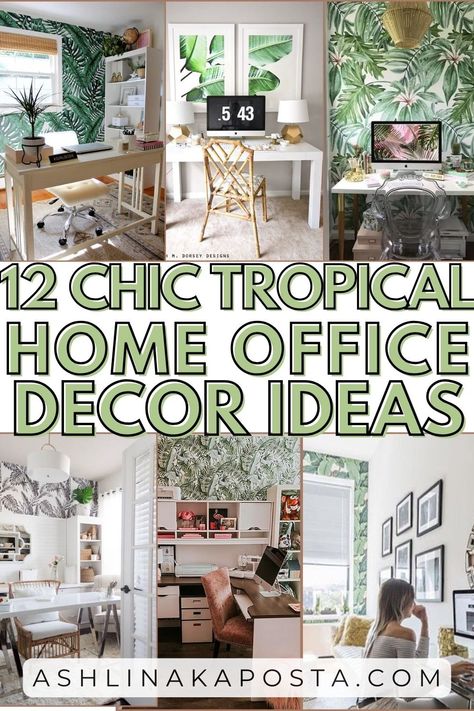 12 CHIC TROPICAL HOME OFFICE IDEAS   3 REASONS WHY PALM LEAF WALLPAPER IS GOOD FENG SHUI — ASHLINA KAPOSTA Tropical Theme Office, Office Tropical Design, Tropical Office Interior Design, Tropical Office Design, Tropical Office, Palm Tree Office Decor, Beach Theme Office, Beachy Office, Tropical Art Gallery Wall