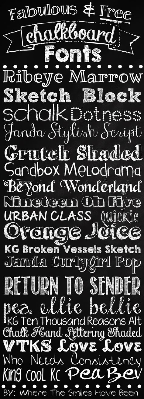 Fabulous & Free Chalkboard Fonts with links to download each of them! Via Where The Smiles Have Been. #chalkboard #fonts Free Chalkboard Fonts, Chalkboard Fonts, Blackboard Art, Chalkboard Print, Chalkboard Lettering, Chalkboard Poster, Chalk Lettering, Chalkboard Designs, Board Designs