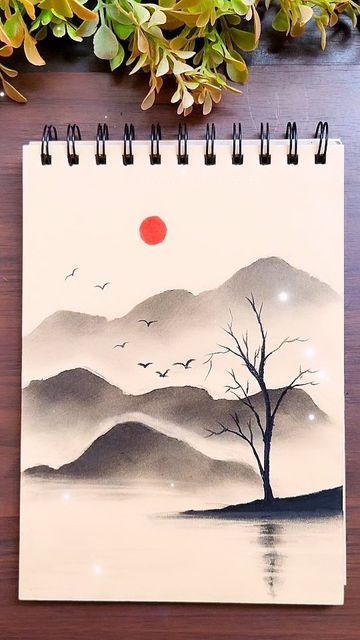 Simple Charcoal Drawing, Simple Nature Drawing, Easy Charcoal Drawings, Easy Nature Drawings, Pencil Sketches Landscape, Landscape Drawing Tutorial, Landscape Drawing Easy, Easy Scenery Drawing, Oil Pastel Drawings Easy