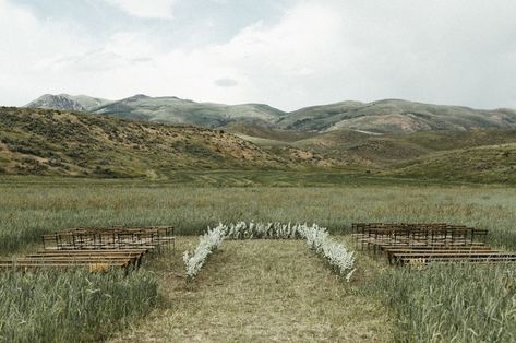 Rural Idaho Wedding Wedding Ceremony In Field, Paddock Wedding Ceremony, Field Ceremony Wedding, Open Field Wedding Ceremony, Wedding In Field, Field Wedding Ceremony, White Flower Backdrop, Paddock Wedding, Wedding In A Field