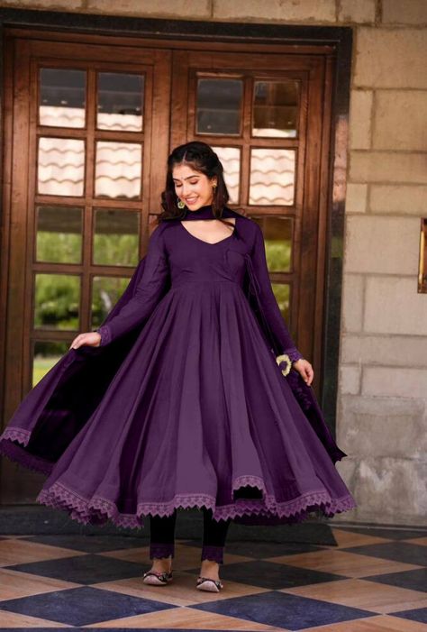 *Presenting New Anarkali Faux Georgette Gown With Fully Flair and Full Stitched With Dupatta Ready To Wear Collection*🍀

🧵*DETAILS* 🧶

👚*Top Fabric*:Heavy Faux Georgette With Full Sleeve And Fancy Latkan Dori And GPO Lace Border ☘️

👚*Gown Length*:51-52 inches 
👚*Gown Inner*: Micro Cotton

👚*Bottom *:*Micro Cotton* With GPO Lace Border ✅
 *Fully Stitched Ready To Wear *
*Length:-40 inch*


👚*Dupatta Fabric*: Heavy Faux Georgette With Two Side GPO Lace Border 🌿
✂️📏*SIZE*:
M(38),L(40),XL(42),XXL(44)
*(Fully Stitched Ready To Wear)*

💕*One Level Up*💕
👌*A One  Quality*👌

🚨*Note-*🚨
*Colour changed of Gown due to cameras resolutions and lighting’s But colour will come as shown in model Pictures* Long Anarkali Gown, Simple Frock, Designer Anarkali Dresses, Simple Frock Design, Stylish Kurtis, Georgette Gown, Kurtis Design, Stylish Kurtis Design, Long Frock Designs