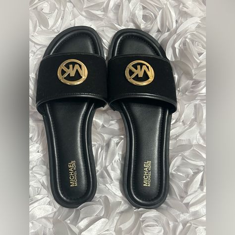 New Black Michael Kors Brynn Slides, Slide Sandals. Black With Gold Accent. Gold Accent, Sandals Black, Michael Kors Shoes, Michael Kors Black, Gold Accents, Slide Sandals, Black Sandals, New Black, Slides