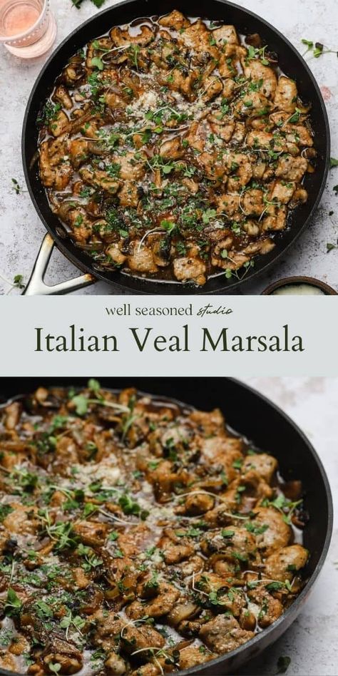 This rich, deeply flavored veal marsala recipe features thinly sliced veal cutlets, sautéed mushrooms, onions, and a marsala wine sauce. Cook until thick, then serve with mashed potatoes, a side salad, and some crusty bread for an elegant dinner at home. #wellseasonedstudio #veal #vealcutlet #marsala #marsalarecipe #marsalawine #vealmarsala Veal Italian Recipes, Veal With Mushrooms, Veal Scallopini Recipes Marsala Sauce, Veal Scallopini Recipes Mushrooms, Veal Dinner Ideas, Keto Veal Cutlet Recipes, Stuffed Veal Cutlet Recipes, Veal Recipes Easy, Italian Veal Recipes