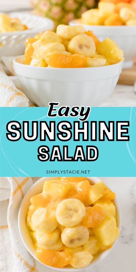 Two image collage with bowls of sunshine salad. Recipes Using Mandarin Oranges, Recipes With Mandarin Oranges, Sunshine Salad Recipe, Banana Fruit Salad, Summer Salad Recipes Healthy, Orange Fruit Salad, Sunshine Salad, Mandarine Recipes, Banana Salad