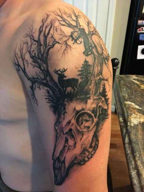 30+ Deer Skull Tattoo Designs, Ideas, and Meanings | PetPress Bow Hunting Tattoos, Deer Hunting Tattoos, Archery Tattoo, Tattoo Deer, Tattoo Avant Bras, Antler Tattoos, Deer Head Tattoo, Deer Skull Tattoos, Elk Tattoo