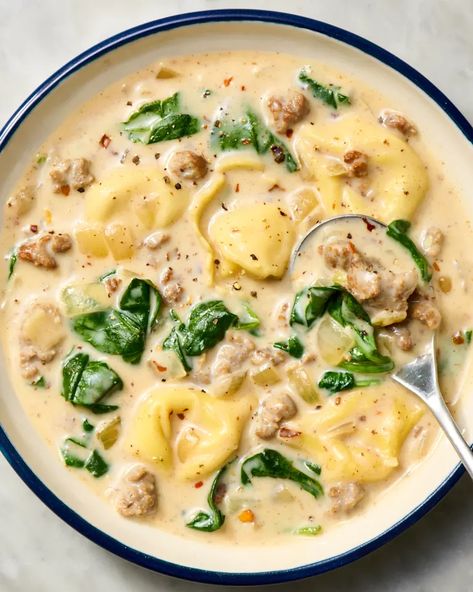 Sausage Tortellini Soup Recipe (So Creamy!) | The Kitchn Sausage Tortellini Soup Half Baked Harvest, Spicy Sausage Soup With Tortellini, Quick Easy Sausage Dinner, Sausage Soup With Spinach, Dried Tortellini Soup, Tortellini Soup With Sausage And Spinach, Tortellini Soup With Ground Turkey, Slow Cooker Tortellini & Sausage Soup (super Creamy & Delish!), Easy Dinner Ideas Soup