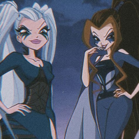 Icy and Darcy from Winx Club Darcy Aesthetic Winx Club, Icy Winx Club Costume, Winx Club Icy Darcy Stormy, Darcy Winx Club Costume, Icy Winx Club Aesthetic, Darcy Winx Club Icon, Brunette Characters Costumes, Winx Darcy, Darcy Winx Club