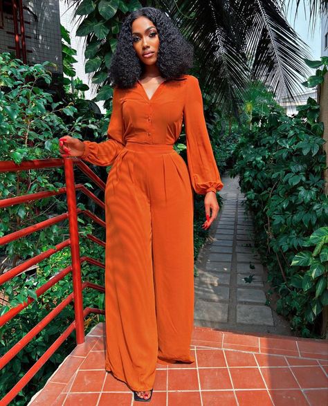 Chic Orange Jumpsuits And Rompers For Party, Chic Orange Jumpsuit For Night Out, Elegant Orange Wide Leg Pants, Chic Orange Long Sleeve Jumpsuits And Rompers, Edgy Formal, Chic Orange Long Sleeve Jumpsuit, Fashion Classy Outfits, Classy Dinner Outfits, Entrepreneur Photoshoot