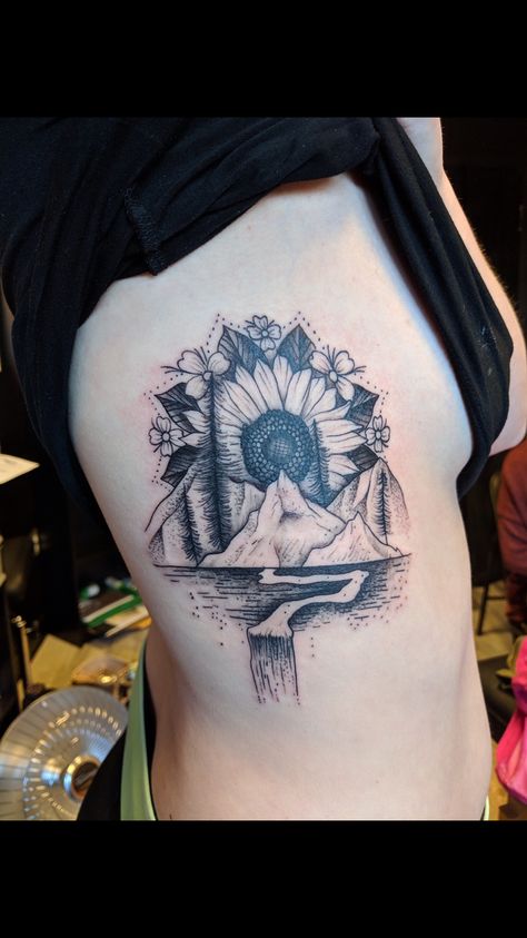 Sunflower Nature Tattoo, Sunflower Mountain Tattoo, Sunflower And Mountain Tattoo, Mountain River Tattoo, River Tattoo For Women, Mountain And Flower Tattoo, Rustic Tattoos For Women, Bull Skull Tattoos, Rose Shoulder Tattoo