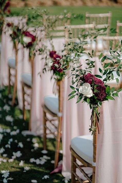 Burgundy wedding chair floral markers with gold chairs | Blush outdoor ceremony decorations | light pink pinkgarden aisle ideas - Madiow Photography | This Timeless Burgundy Wedding has All The Spring Inspiration You Need #weddingarch #weddingceremony Ceremony Decorations Outdoor, Burgundy And Blush Wedding, Tafel Decor, Aisle Flowers, Wedding Chair Decorations, Wedding Aisle Decorations, Wedding Chair, Aisle Decor, Chair Decorations