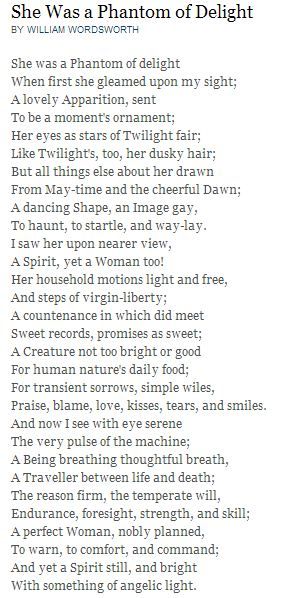 She Was a Phantom of Delight - William Wordsworth She Was A Phantom Of Delight, Wordsworth Poetry, Wordsworth Poems, William Wordsworth Poems, Classical Poetry, Classic Poetry, English Poems, Classic Poems, Poem A Day