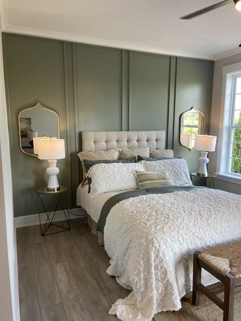 Olive Green Wall Panelling, Olive Green Bedroom Panelling, Olive Green Accent Wall Bedroom, Green Panelling Bedroom, Green Wall Panelling, Sage Green Room Ideas Bedroom, Olive Green Bedrooms, Green Bedroom Walls, Downstairs Bedroom