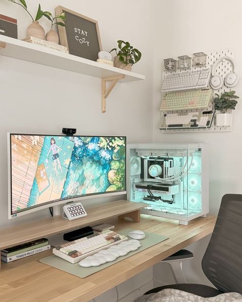 Nintendo Switch | Nintendo | Cozy Gamer | Pastel | Cozy Gamer | Flatlay | Little Kitty, Big City White Desk Setup, Gaming Computer Room, Cozy Gamer, Gamer Bedroom, Classy Rooms, Gamer Setup, Desk Layout, Gamer Room Decor, Switch Nintendo