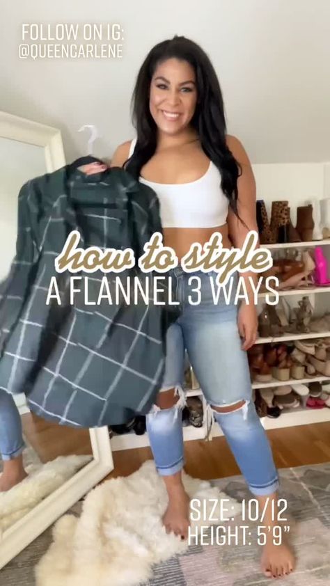 Mid size outfit styling inspiration for fall, how to style a flannel button up shirt 3 ways for curvy women. Casual Outfits Flannel, How To Style Flannel Shirt Women, Long Flannel Outfit, Women Flannel Outfit, How To Style Flannel Shirt, Jeans And Flannel Outfit, Ways To Style A Flannel, Flannel Outfits For Women, How To Style Flannel