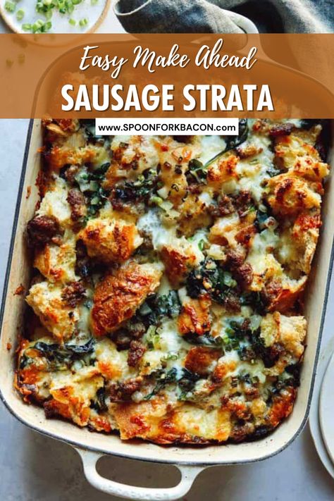 Sausage Strata, Strata Recipes Breakfast, Italian Loaf, Bake Breakfast, Strata Recipes, Breakfast Catering, Breakfast Strata, Spoon Fork Bacon, Thanksgiving Brunch