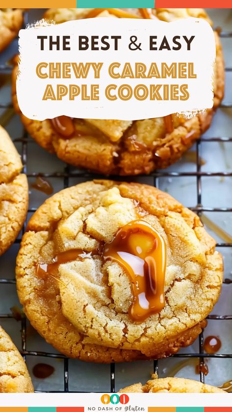 These Chewy Caramel Apple Cookies are the ultimate fall treat! Packed with fresh Honeycrisp apples, gooey caramel centers, and a warm cinnamon sugar coating, these cookies are soft, chewy, and irresistible. They’re perfect for cozy nights or holiday gatherings. Want to impress your friends and family? Try this easy-to-make recipe today! Gluten Free Caramel Apple Cookies, Caramel Apple Pie Cookies Recipes, Candy Apple Cookies, Carmel Apple Cookies Recipe, Caramel Apple Sugar Cookies, Apple Crumble Cookie Recipe, Quick Fall Desserts Easy Recipes, Carmel Apple Cookie Recipe, Salted Caramel Apple Cookies