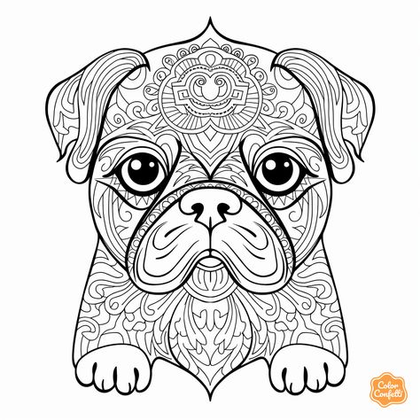 illustration of Pug-themed mandala coloring design Pug Coloring Page, Playful Poses, Mandala Turtle, Coloring Page For Adults, Domestic Animals, Relaxing Colors, Printable Coloring Sheets, Color Images, Modern Dog