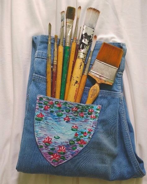 Denim Pocket Painting, Pocket Painting, Denim Painting, Denim Pocket, Painted Denim, Acrylic Paints, Tote Bag, Art