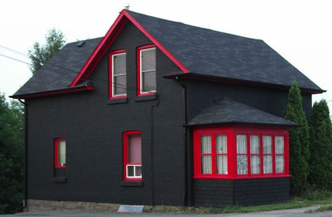 black with red, would you like a free painting estimate of this exterior? #richardstewartpainting #losangeles #paintingcontractor Black Wooden House Exterior, Black House Red Trim, Red And Black House Exterior Colors, Black And Red House Exterior, Grey House Red Trim, Black Houses Exterior, Icelandic Houses, Red House Exterior, Scandinavian Exterior