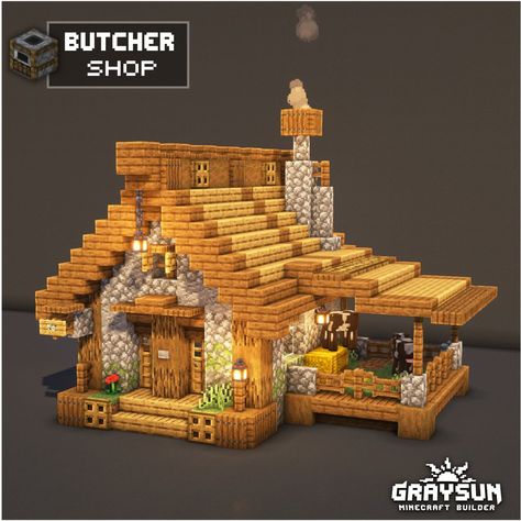 Minecraft Wood Shop, Mc Village Ideas, Cartographer House Minecraft, Minecraft Hardcore Base, Minecraft Water Well, Minecraft Village House Ideas, Minecraft Butcher Shop, Villager House Minecraft, Minecraft Villager House Ideas