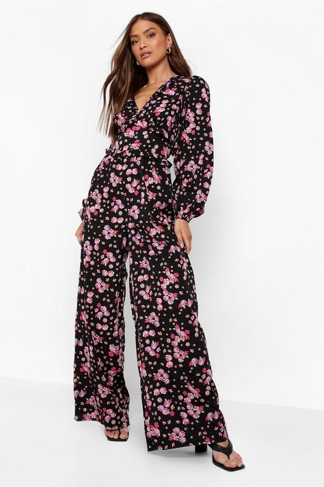 Jumpsuit Outfits, Pleated Jumpsuit, Silhouette Dress, Jumpsuit Black, Floral Jumpsuit, Floral Ruffle, Wide Leg Jumpsuit, Black Jumpsuit, Ruffle Trim