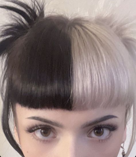 Split Dyed Hair Black And Blonde, Black And White Split Dye, Split Bangs, Split Hair Dye, Split Dye Hair Ideas, Emma Langevin, Split Dye Hair, V Bangs, Alt Hair