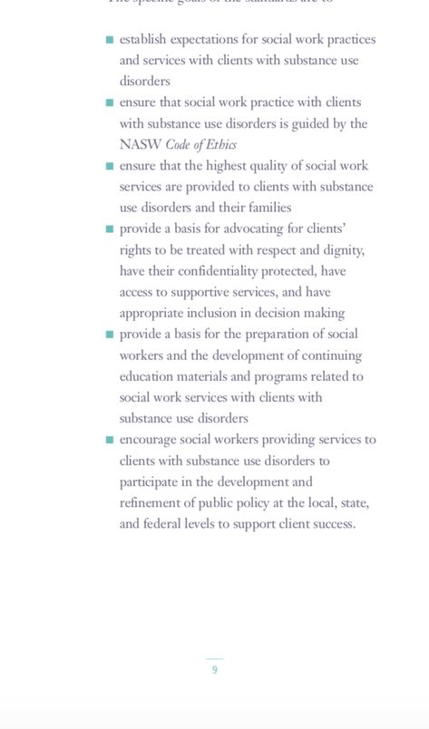 -establish expectations  -ensure that social work practice with clients with substance use disorders is guided by the NASW Code of Ethics -ensure that the highest quality of social work services are provided to clients with substance use disorders  -provide a basis for advocating for clients’ rights to be treated with respect and dignity -provide a basis for the preparation of social workers and the development of continuing education materials -and more Code Of Ethics, Social Work Practice, Ohio University, Social Worker, Social Work, Continuing Education, Educational Materials, Coding, Education