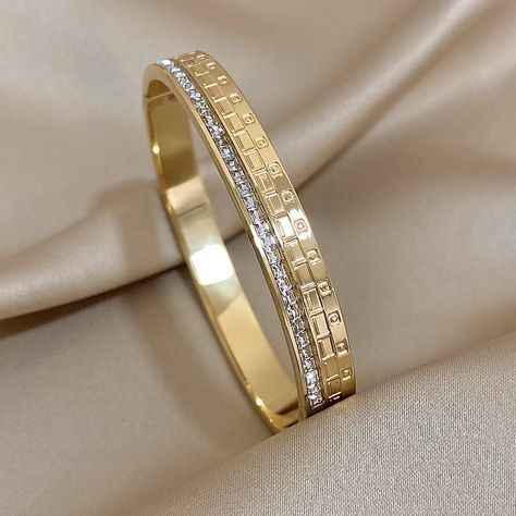 Chic White Zircon Stainless Steel Bangles Bracelets for Women Check more at https://artfulbracelets.com/chic-white-zircon-stainless-steel-bangles-bracelets-for-women/ Fashion Jewelry Necklaces Gold, Unique Wedding Jewelry, Geometric Bangle, Unique Gold Jewelry Designs, Jewelry Product Shots, Gold Bangles For Women, Modern Gold Jewelry, Friendship Jewelry, Jewelry Bracelets Gold