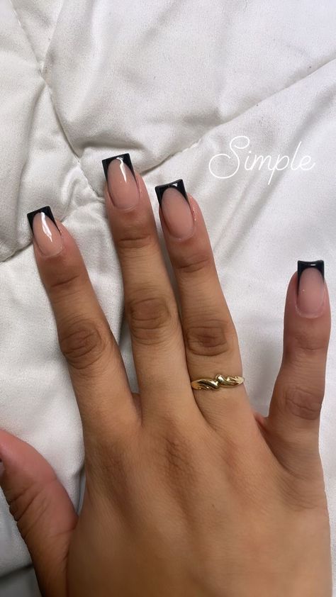 Black Nails Short French Tips, Black Frenchies Nails Short, Short Acrylic Nails Black Design, Black French Tip Nails Medium Length, Short Black Glitter French Tip Nails, Short Black French Tip Nails With Gems, Small Black French Tip Nails, Super Square Acrylic Nails, Black Fresh Tip Nails