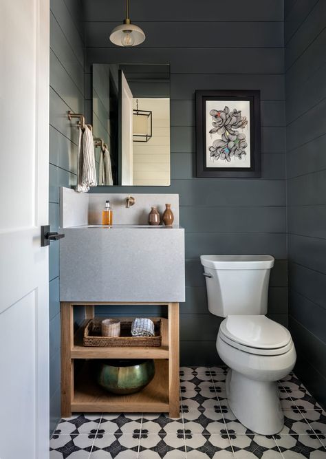 katie-davis-powder-bath Half Bath Paint Colors, Powder Room Paint Colors, Benjamin Moore Bathroom, Powder Room Paint, Small Bathroom Paint, Office Paint Colors, Small Bathroom Colors, Dark Paint Colors, Dark Bathrooms