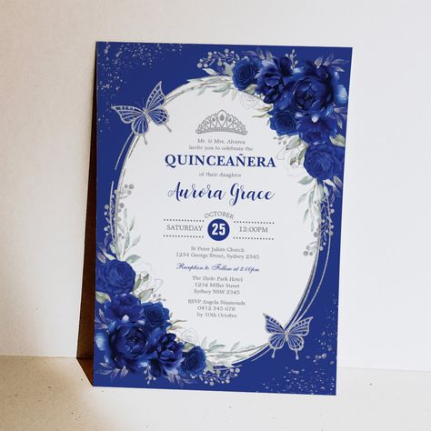 Royal Blue Roses, Quinceañera Invitation, Royal Blue Flowers, Butterfly Invitations, Sweet Sixteen Invitations, Blue Invitation, Photo Birthday Invitations, Quinceanera Invitations, Photo Invitations