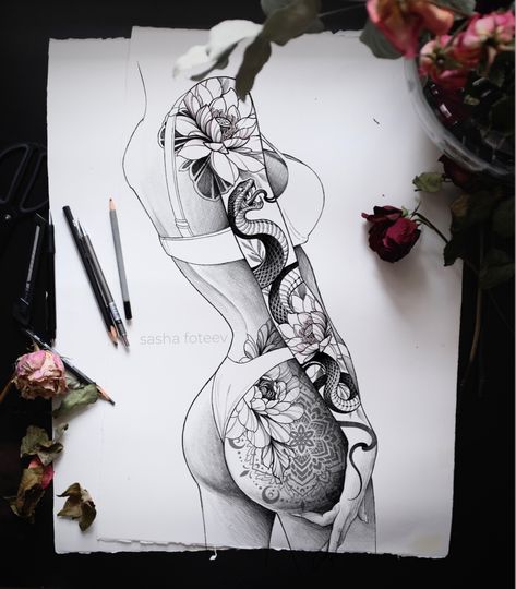 Hip Thigh Tattoos, Muster Tattoos, Hip Tattoos Women, Floral Tattoo Sleeve, Ink Inspiration, Sketch Tattoo Design, Dope Tattoos For Women, Tattoo Design Book, Thigh Tattoos Women