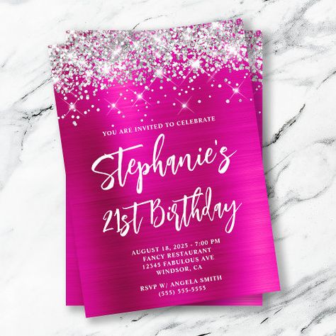 $ 2.8 | Silver Glitter Hot Pink Foil Bold 21st Birthday - luxury, elegant, faux sparkly glitter, ombre, hot pink, 21st birthday, silver, bold handwriting style script, glam, girly Silver And Pink Invitations, Hot Pink Sweet 16 Invitations, Hot Pink 21st Birthday, Hot Pink Birthday Decorations, Bold Handwriting, Pink 21st Birthday, Glam Invitation, Barbie Invitations, 80th Birthday Invitations