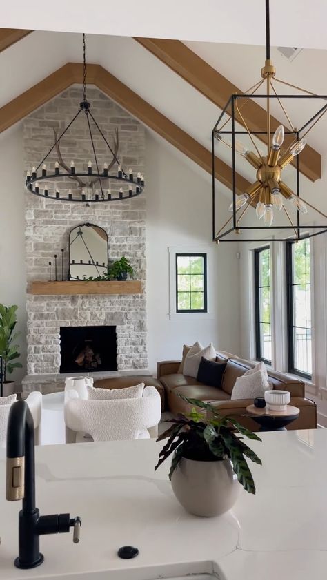 Happy Monday y’all! Hope you had the best weekend! #reels #reelitfeelit #reelsinstagram #kitchen #blackisland #intentionaldesign… | Instagram Kitchen With Stone, Ceiling Beams Living Room, Black Brick Fireplace, Vaulted Ceiling Beams, Cathedral Ceiling Living Room, Concept Living Room, Beams Living Room, Vaulted Ceiling Living Room, Modern Rustic Farmhouse